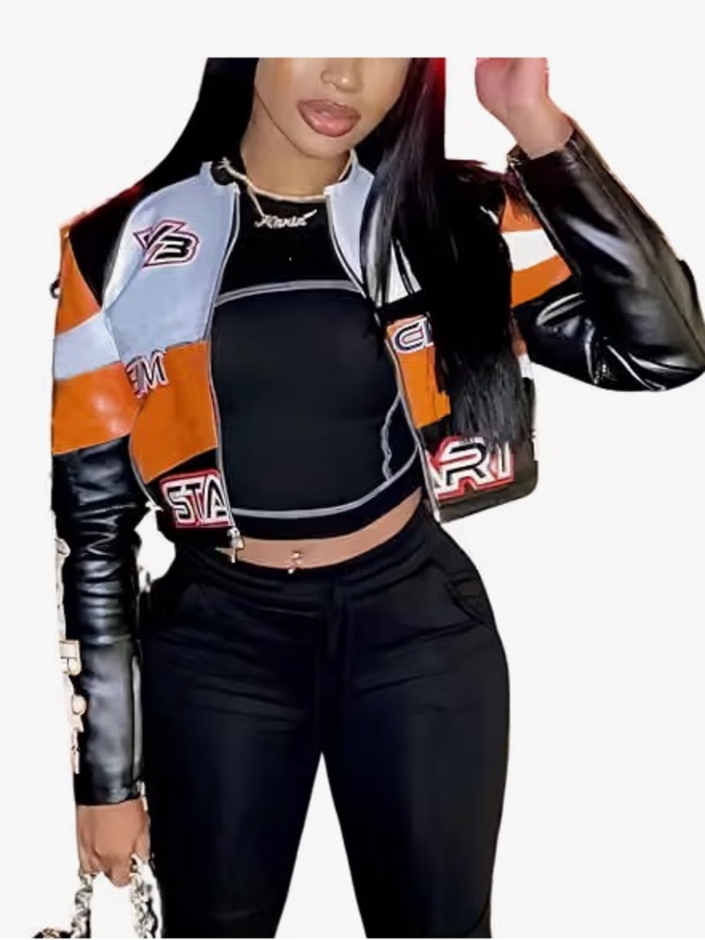 Amazon Black White Orange Colorblock Racing Leather Jacket